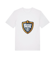 white funny t-shirt with the graphic of a medal and the slogan 'grammar police to protect and serve'