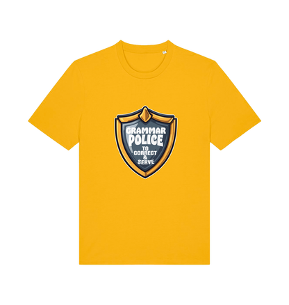 yellow funny t-shirt with the graphic of a medal and the slogan 'grammar police to protect and serve'