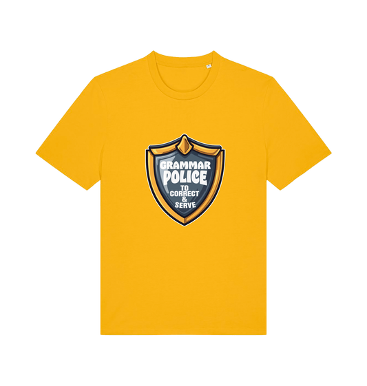 yellow funny t-shirt with the graphic of a medal and the slogan 'grammar police to protect and serve'