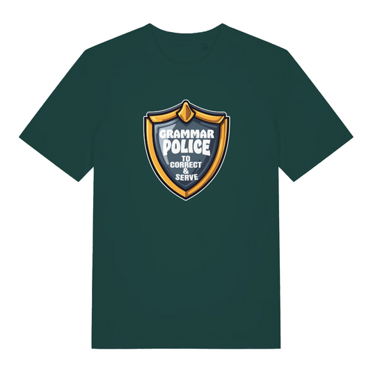 green funny slogan t-shirt with the text grammar police'