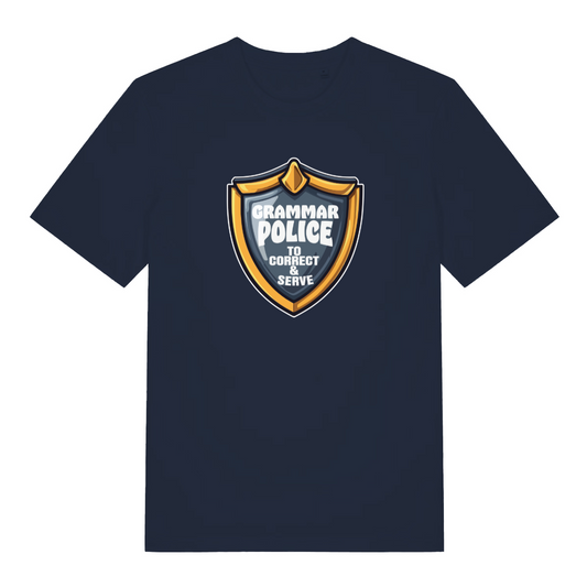navy funny slogan t-shirt with the text grammar police'