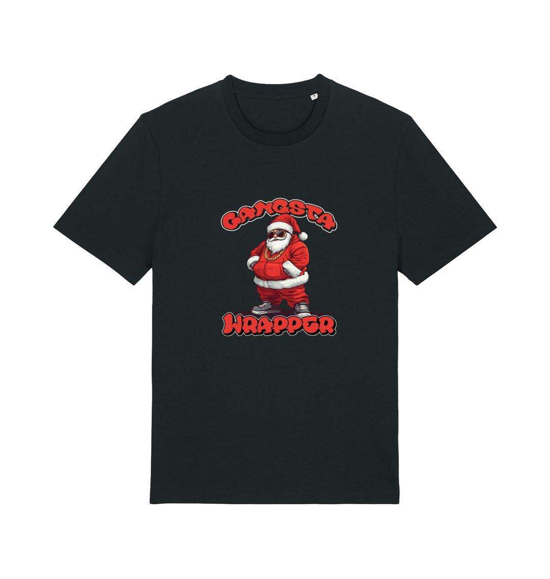 black christmas t-shirt with the graphic of santa and the slogan 'gangster wrapper'