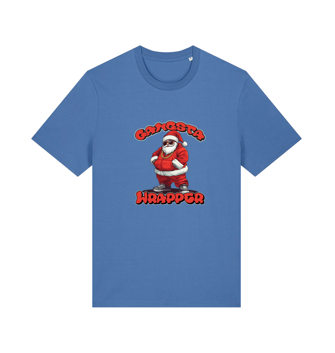 blue christmas t-shirt with the graphic of santa and the slogan 'gangster wrapper'