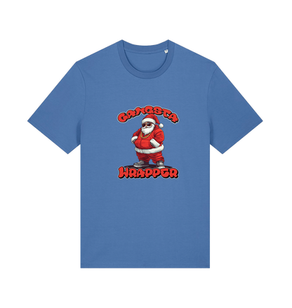 blue christmas t-shirt with the graphic of santa and the slogan 'gangster wrapper'