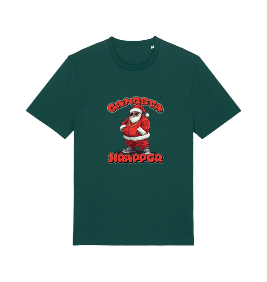 green christmas t-shirt with the graphic of santa and the slogan 'gangster wrapper'