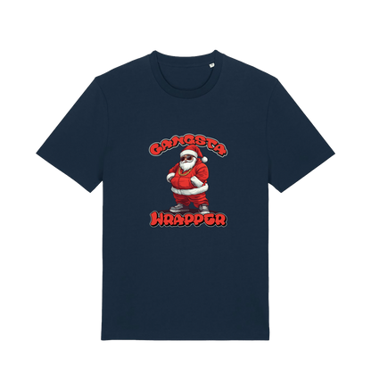 navy christmas t-shirt with the graphic of santa and the slogan 'gangster wrapper'