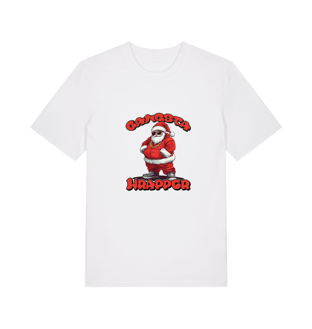 white christmas t-shirt with the graphic of santa and the slogan 'gangster wrapper'