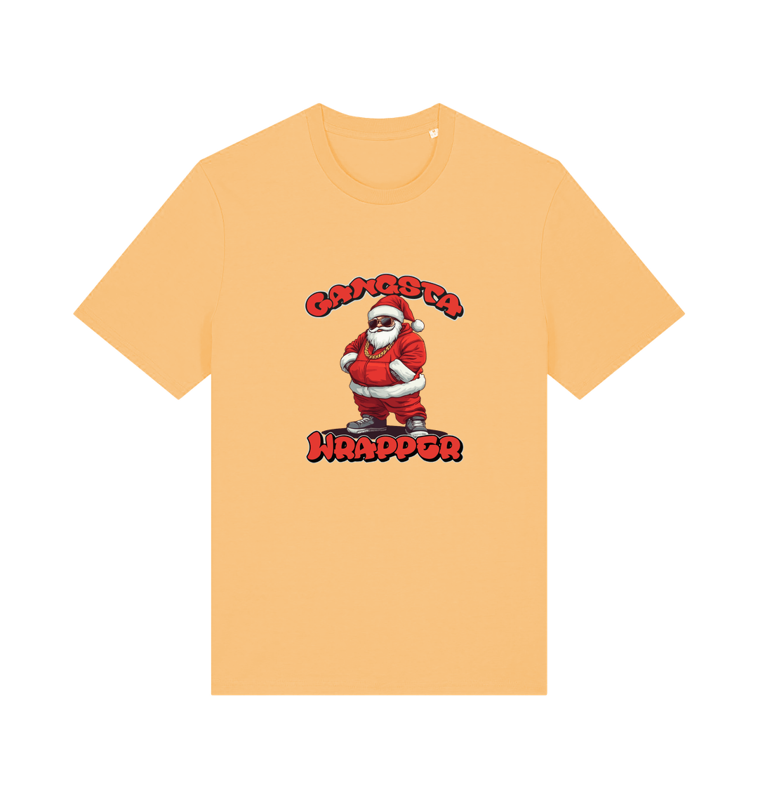 yellow christmas t-shirt with the graphic of santa and the slogan 'gangster wrapper'