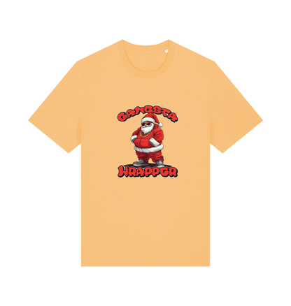 yellow christmas t-shirt with the graphic of santa and the slogan 'gangster wrapper'