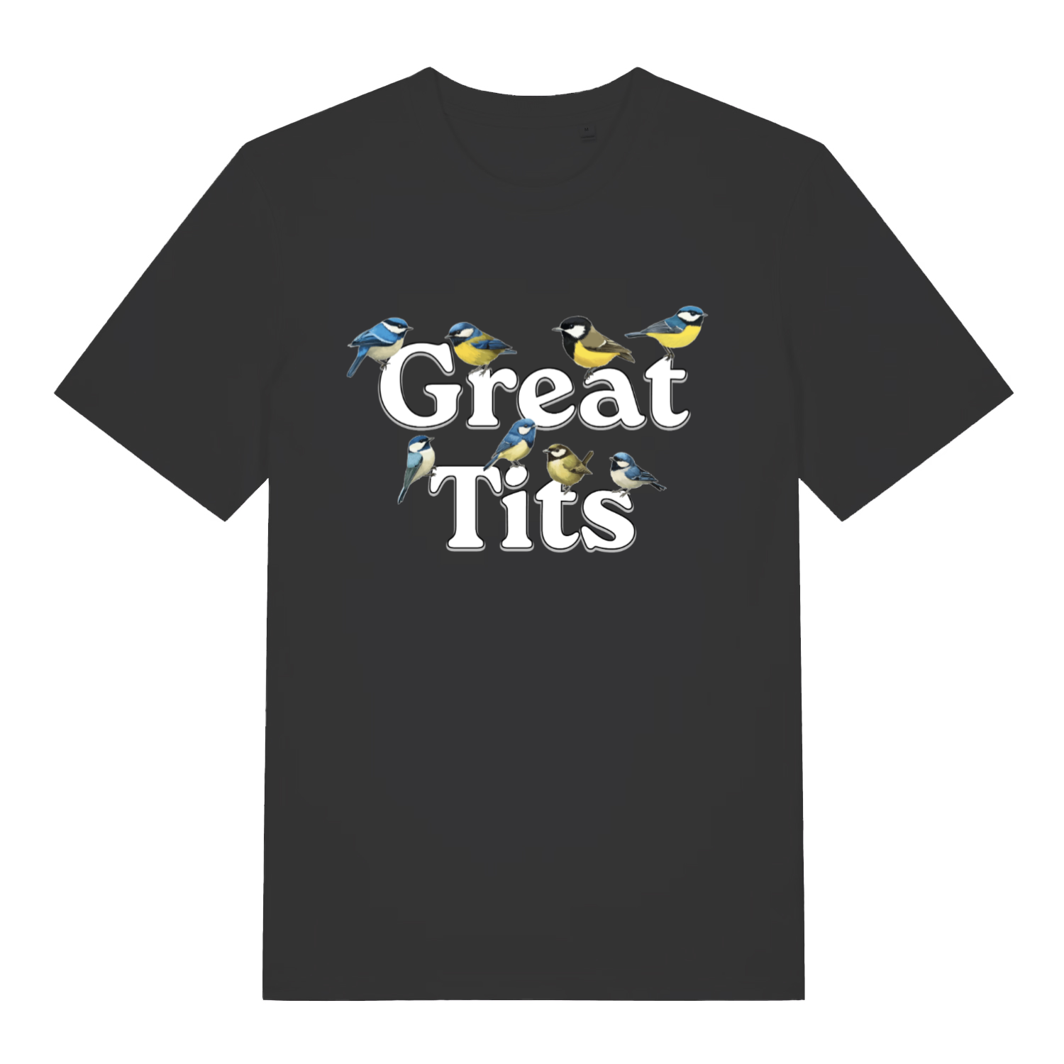 Black Great Tits T-shirt flat lay with cute blue tits birds "Great Tits" pun graphic