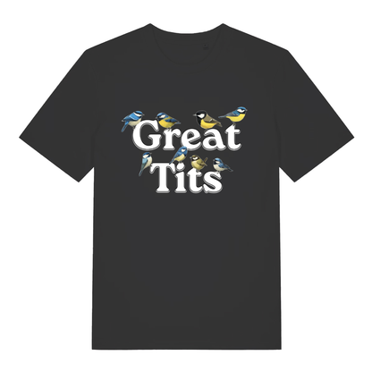Black Great Tits T-shirt flat lay with cute blue tits birds "Great Tits" pun graphic