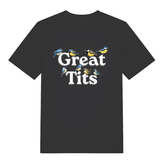 Black Great Tits T-shirt flat lay with cute blue tits birds "Great Tits" pun graphic