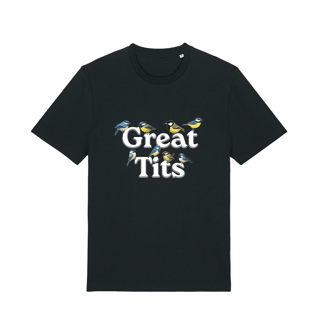black funny rude t-shirt with the graphic of some birds and the slogan 'great tits'
