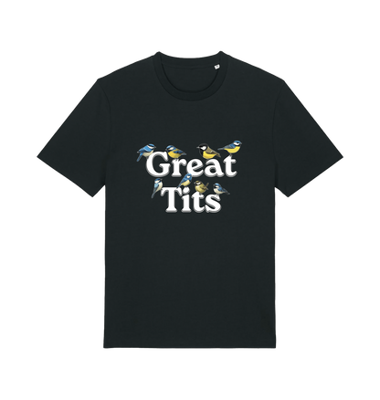 black funny rude t-shirt with the graphic of some birds and the slogan 'great tits'