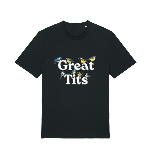 black funny rude t-shirt with the graphic of some birds and the slogan 'great tits'