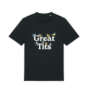 black funny rude t-shirt with the graphic of some birds and the slogan 'great tits'