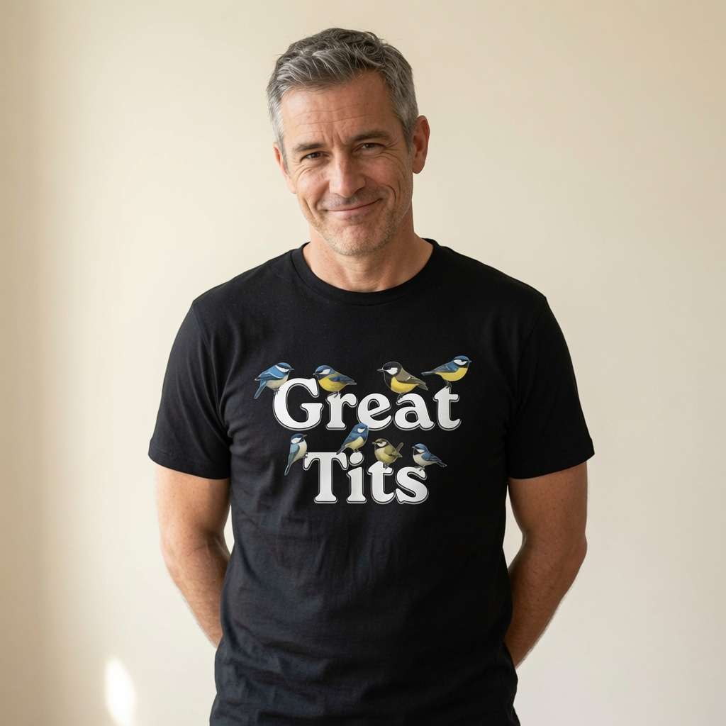 Grey-haired man with slight smile hands in pockets in black Great Tits tee, mens offensive rude bird pun