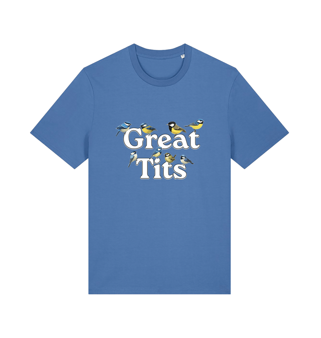blue funny rude t-shirt with the graphic of some birds and the slogan 'great tits'