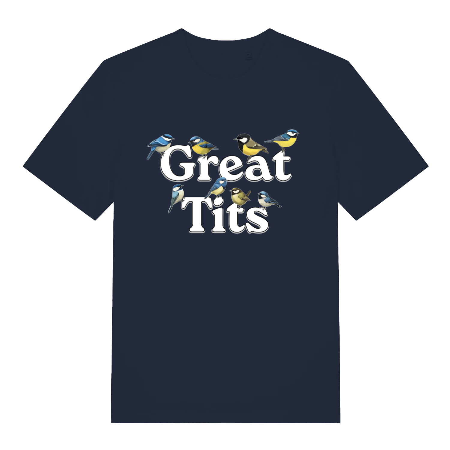 French Navy Great Tits T-shirt flat lay featuring funny bird pun design