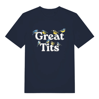 French Navy Great Tits T-shirt flat lay featuring funny bird pun design