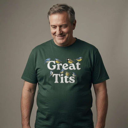 Grey-haired man smiling looking down in glazed green Great Tits t-shirt, funny witty offensive bird pun graphic