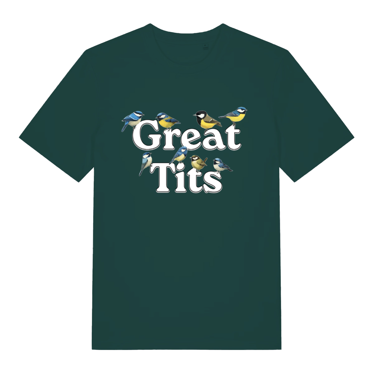 Glazed Green Great Tits T-shirt flat lay showing adorable birds on "Great Tits" text