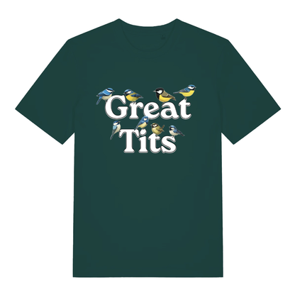Glazed Green Great Tits T-shirt flat lay showing adorable birds on "Great Tits" text