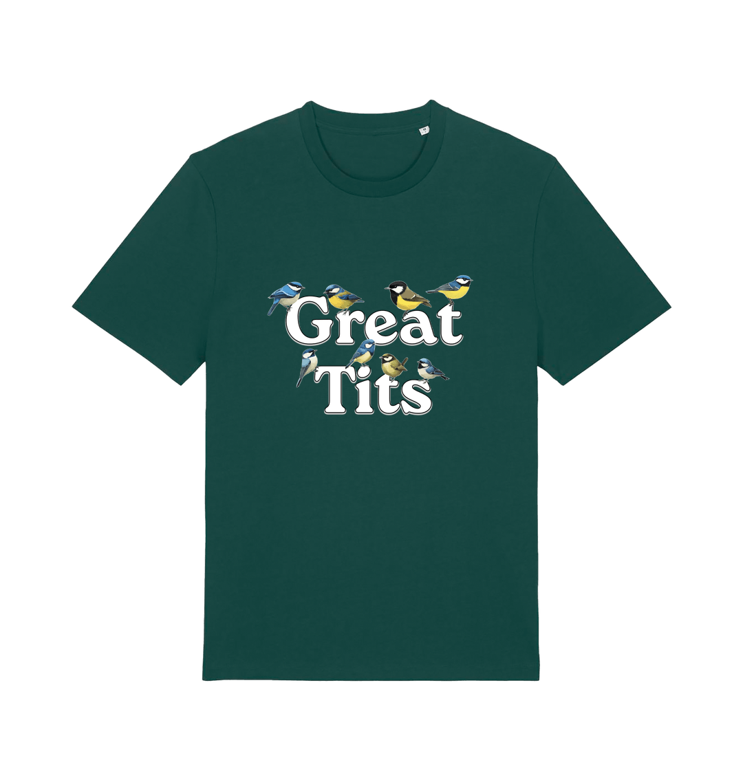 green funny rude t-shirt with the graphic of some birds and the slogan 'great tits'