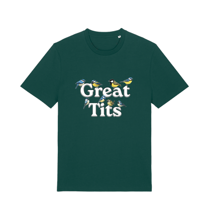 green funny rude t-shirt with the graphic of some birds and the slogan 'great tits'
