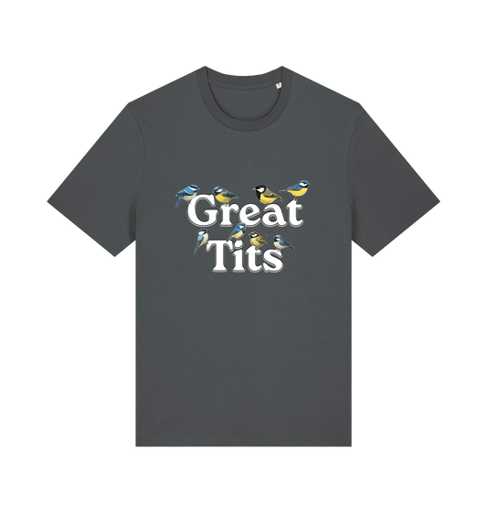 grey funny rude t-shirt with the graphic of some birds and the slogan 'great tits'