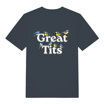 India Ink Grey Great Tits T-shirt flat lay with humorous blue tit birds graphic