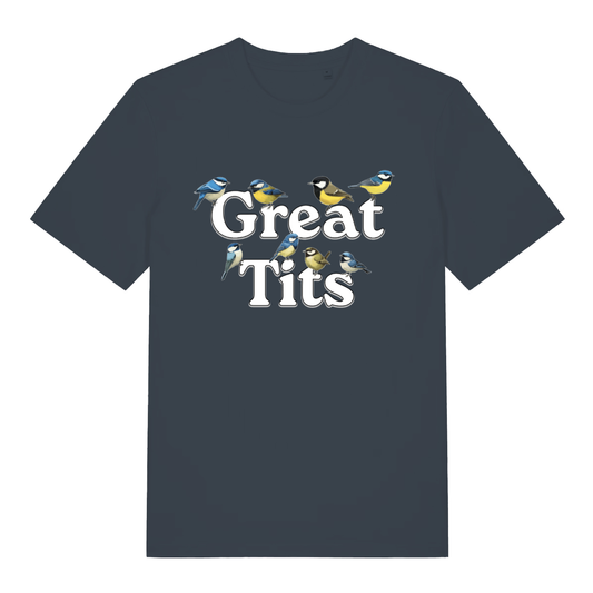 India Ink Grey Great Tits T-shirt flat lay with humorous blue tit birds graphic