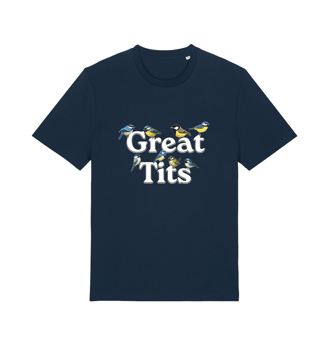 navy funny rude t-shirt with the graphic of some birds and the slogan 'great tits'