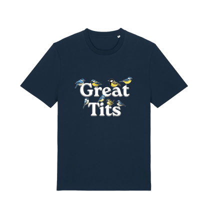 navy funny rude t-shirt with the graphic of some birds and the slogan 'great tits'