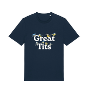 navy funny rude t-shirt with the graphic of some birds and the slogan 'great tits'