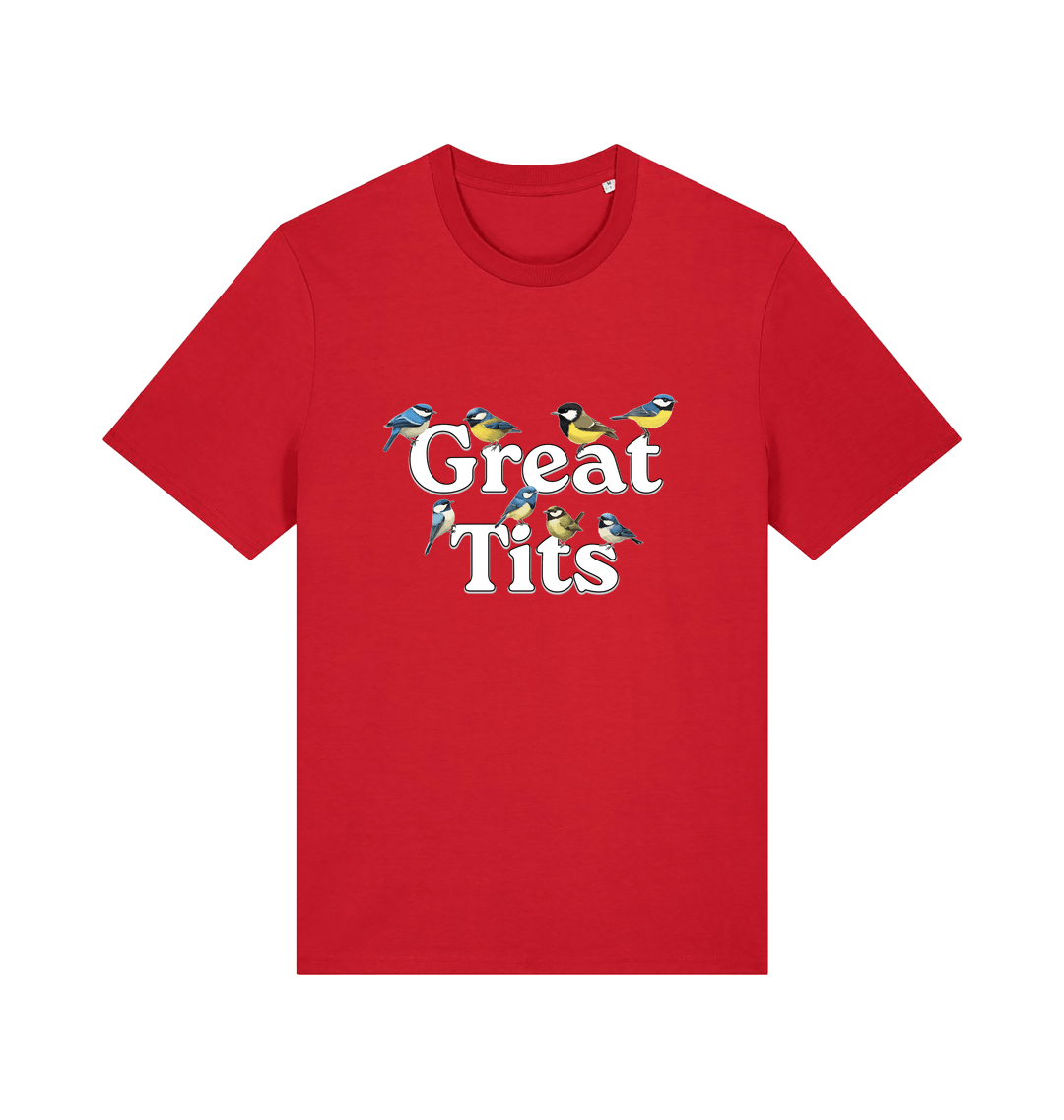 red funny rude t-shirt with the graphic of some birds and the slogan 'great tits'
