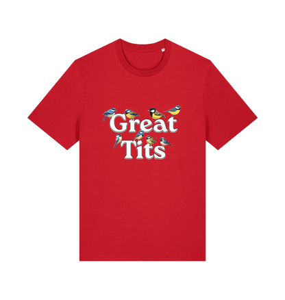 red funny rude t-shirt with the graphic of some birds and the slogan 'great tits'