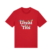 red funny rude t-shirt with the graphic of some birds and the slogan 'great tits'