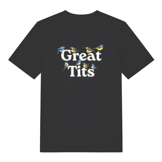 black funny rude t-shirt with the graphic of some birds surrounding the words great tits