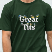 Green funny t-shirt with 'Great Tits' slogan and bird illustrations