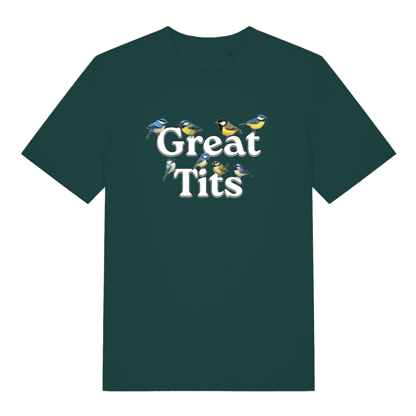 green funny rude t-shirt with the graphic of some birds surrounding the words great tits