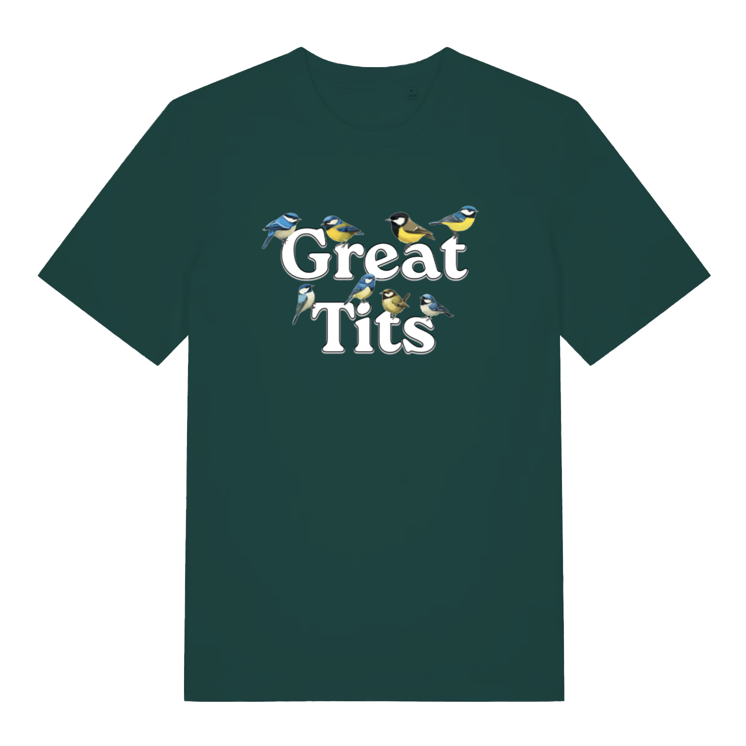 green funny rude t-shirt with the graphic of some birds surrounding the words great tits