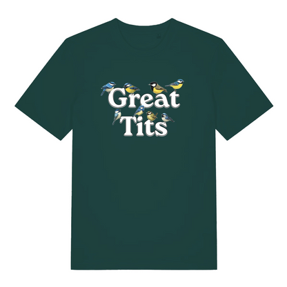 green funny rude t-shirt with the graphic of some birds surrounding the words great tits