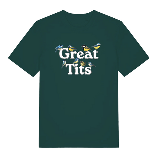 green funny rude t-shirt with the graphic of some birds surrounding the words great tits