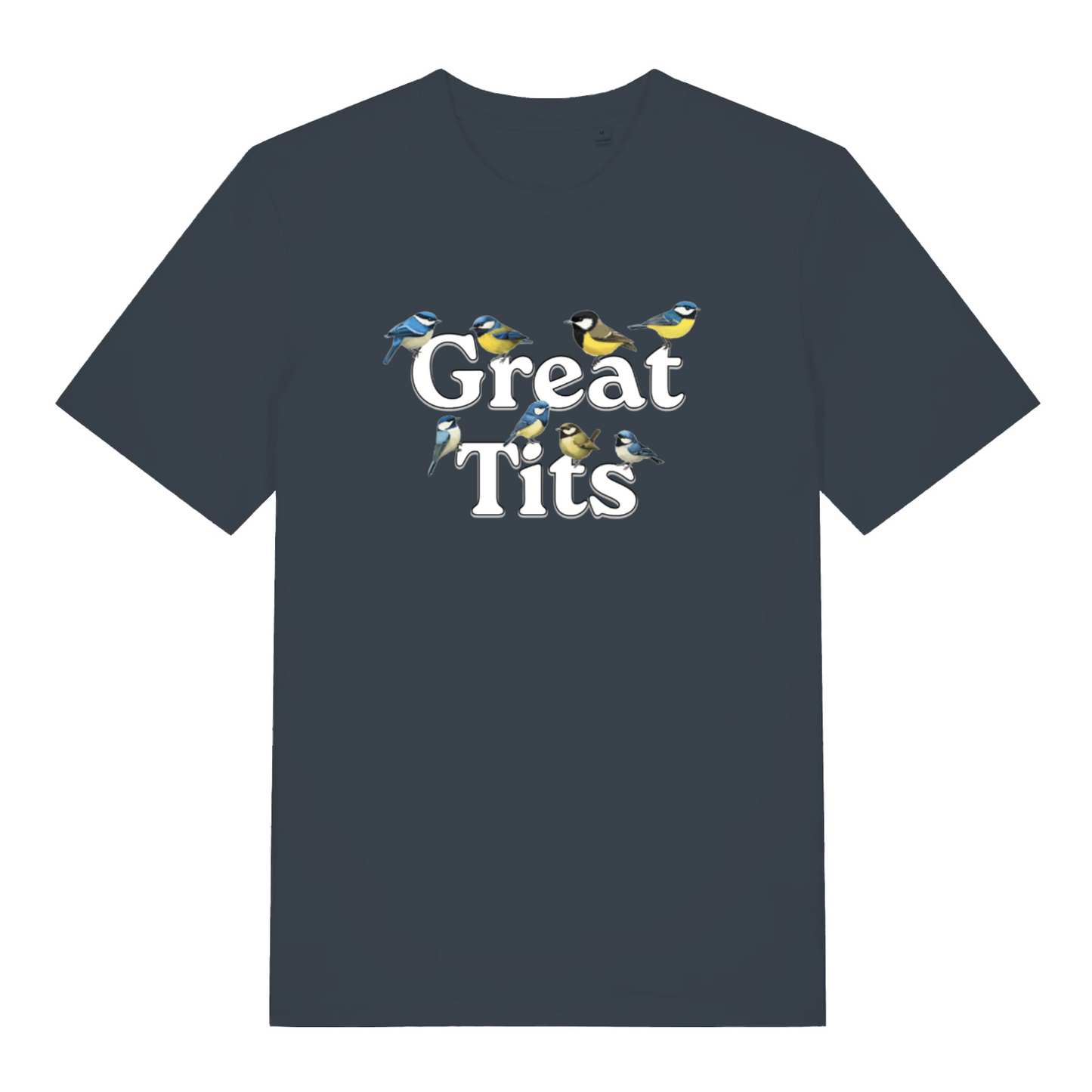 ink grey funny rude t-shirt with the graphic of some birds surrounding the words great tits