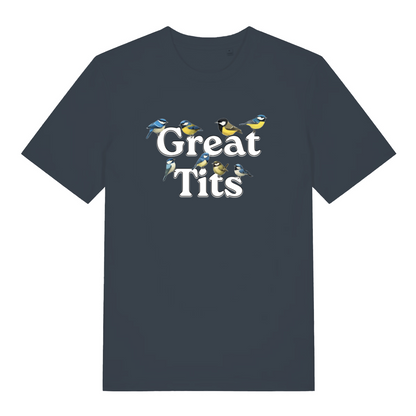 ink grey funny rude t-shirt with the graphic of some birds surrounding the words great tits