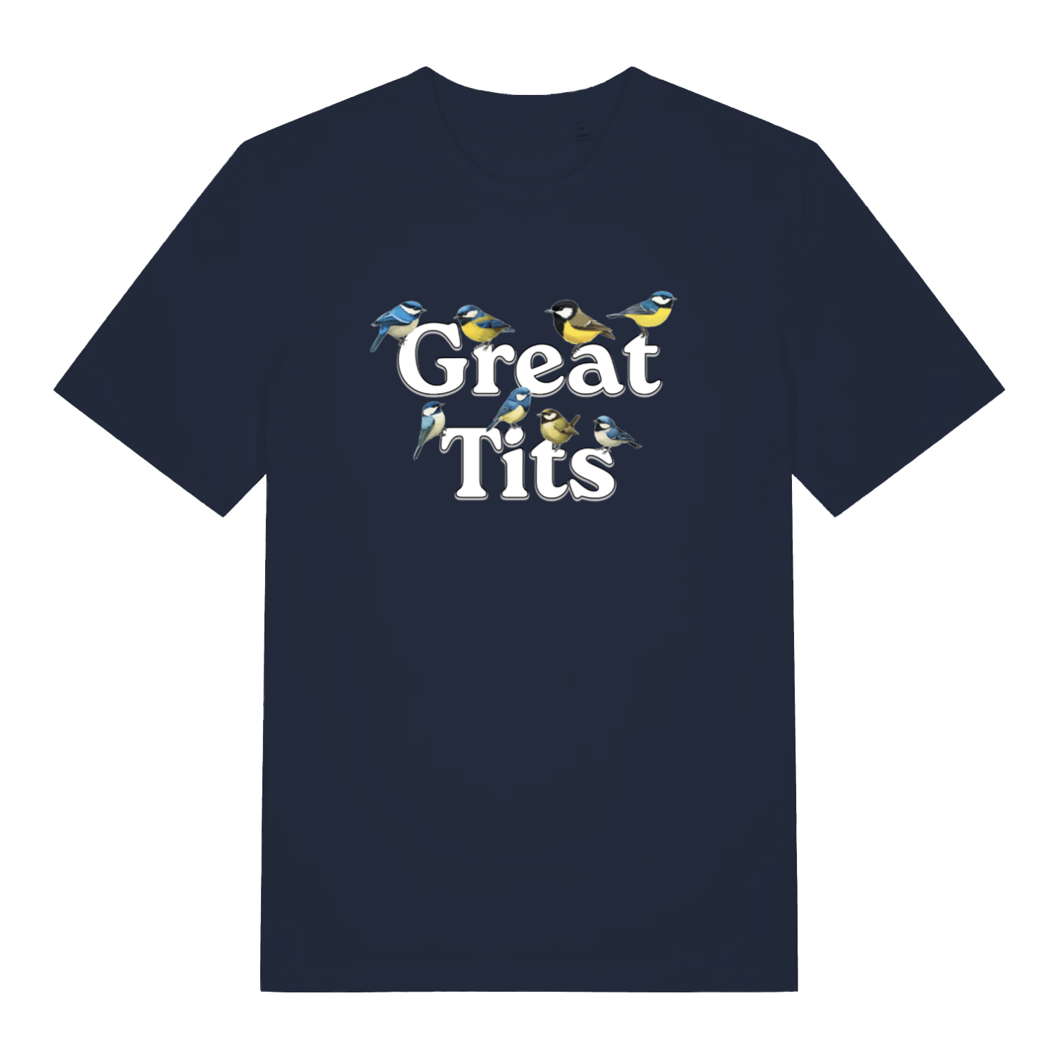 navy funny rude t-shirt with the graphic of some birds surrounding the words great tits