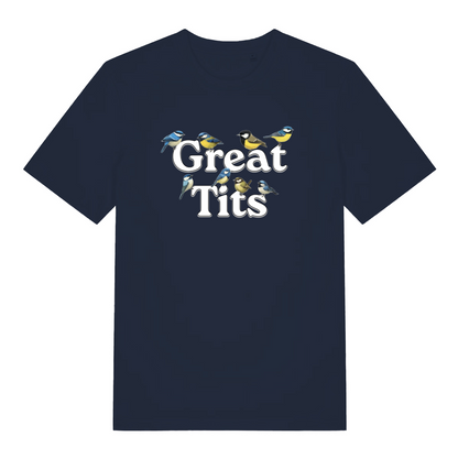 navy funny rude t-shirt with the graphic of some birds surrounding the words great tits
