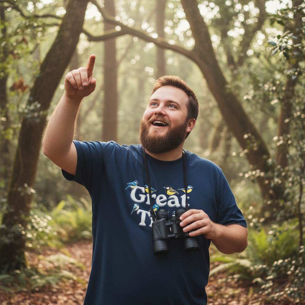 Man in a forest wearing a 'Great Tits' t-shirt and holding binoculars.