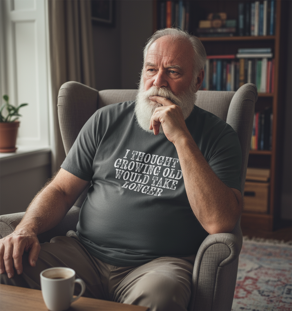 Man sitting in a chair wearing a t-shirt with a humorous quote, in a cozy room with books and a cup.